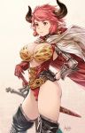  1girl artist_name asymmetrical_gloves black_gloves black_horns black_legwear breasts cape cross cross_earrings dated draph earrings gloves granblue_fantasy hand_on_hip horns ivris jewelry large_breasts looking_away pointy_ears red_eyes red_gloves redhead short_hair solo standing sturm_(granblue_fantasy) sword thigh-highs thighs weapon 