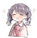  1girl :d =_= bag blush bow collared_shirt dress facing_viewer fangs grey_hair hair_bow happy ikeuchi_tanuma medium_hair open_mouth original pink_dress purple_bow shirt shoulder_bag simple_background skin_fangs smile solo twintails upper_body white_background 