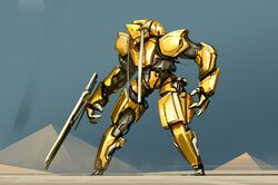  cannon desert highres hunched_over ksenolog mecha no_humans open_hands original pyramid robot solo standing 