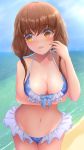  1girl beach bikini blue_bikini blush breast_lift breasts brown_eyes day frilled_bikini frills hand_up iino_miko kaguya-sama_wa_kokurasetai_~tensai-tachi_no_renai_zunousen~ large_breasts navel open_mouth outdoors short_hair solo standing swimsuit toymark water 