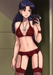  1girl bare_shoulders blue_hair bra breasts brown_eyes cellphone cellphone_charm collarbone commentary contrapposto cowboy_shot dirty_ero earrings english_commentary garter_belt groin hand_up holding jewelry katsuragi_misato lingerie lipstick long_hair looking_away makeup medium_breasts navel neon_genesis_evangelion nerv panties pendant penpen phone red_bra red_garter_belt red_legwear red_lipstick red_panties scar self_shot smile solo stomach thigh-highs underwear 