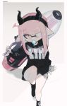  1girl bangs black_footwear blunt_bangs blush border domino_mask eyebrows_visible_through_hair eyepatch fangs hairband highres holding holding_weapon horns inkling long_hair long_sleeves mask mouth_hold pink_eyes pink_hair pointy_ears sidelocks signature sitting skin_fangs solo splatoon_(series) tentacle_hair unitoon weapon 