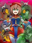  1girl armor brown_hair confused explosive eyebrows_visible_through_hair fire green_eyes hat highres iris_(rockman_x) long_hair mine_(weapon) poison rockman_x_dive scared smoke sora_roxas tears 