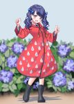  1girl absurdres bangs blue_hair blurry blurry_background blush boots clenched_hands coat collared_shirt commentary_request darumaya_(azarasidesuyone) eyebrows_visible_through_hair flower fukumaru_koito highres hooded_coat idolmaster idolmaster_shiny_colors long_sleeves neck_ribbon open_mouth outdoors purple_flower raincoat raindrop_print red_coat ribbon rubber_boots shadow shirt twintails violet_eyes white_shirt 