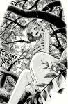  1girl bare_legs branch breasts closed_eyes dress feet_out_of_frame greyscale hatching_(texture) highres imomonono in_tree large_breasts leaf monochrome no_nose open_mouth original sitting sleeveless sleeveless_dress smile solo striped striped_dress tree 