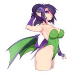  1girl absurdres blue_eyes breasts closed_mouth collarbone cropped_legs green_leotard highleg highleg_leotard highres horns large_breasts leotard original pointy_ears purple_hair simple_background slugbox solo white_background wings 