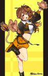  1girl :d absurdres black_footwear boots brown_eyes brown_hair crop_top gloves highres idenshi_kumikae_(kabe_choron) lion_tail long_hair looking_at_viewer midriff open_mouth orange_shorts paw_gloves paws re:act shishigami_leona shorts side_ponytail smile standing standing_on_one_leg tail twitter_username virtual_youtuber yellow_background 