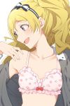  1girl bare_shoulders blonde_hair blouse blouse_removed blush bow bow_bra bow_hairband bra collarbone emily_stewart face floral_print frilled_bra frills grey_blouse hair_bow hair_up hairband hand_on_own_shoulder highres hiroki_(yyqw7151) idolmaster idolmaster_million_live! lying midriff pink_bra red_bow solo underwear violet_eyes 