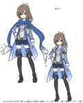  1girl belt black_footwear blue_coat blue_legwear blue_scarf boots breastplate brown_eyes brown_hair character_name character_sheet coat concept_art dot_nose eyebrows_visible_through_hair full_body gloves hair_between_eyes hair_ribbon hair_strand hand_on_hip itai_no_wa_iya_nano_de_bougyoryoku_ni_kyokufuri_shitai_to_omoimasu juliet_sleeves koin_(foxmark) leotard long_scarf long_sleeves looking_at_viewer multiple_views navy_blue_shorts official_art open_clothes open_coat ponytail production_art puffy_sleeves ribbed_leotard ribbon sally_(bofuri) scarf short_shorts shorts simple_background smile standing striped striped_legwear thigh-highs thigh_boots thighhighs_under_boots turtleneck variations white_background white_gloves white_leotard 