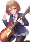  1girl :d bangs black_legwear blazer blue_neckwear blue_ribbon blush brown_eyes brown_hair collared_shirt commentary_request electric_guitar eyebrows_visible_through_hair grey_skirt guitar hair_ornament hairclip highres hirasawa_yui holding instrument jacket k-on! kisukekun long_sleeves looking_at_viewer miniskirt neck_ribbon open_mouth pantyhose pleated_skirt plectrum ribbon school_uniform shirt short_hair signature simple_background skirt smile solo white_background wing_collar 