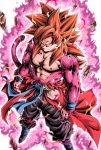  1boy aura big_hair bracelet chest closed_mouth commentary_request dragon_ball dragon_ball_heroes floating_rock fur highres jewelry looking_at_viewer male_focus muscle pink_fur redhead serious solo son_gokuu son_gokuu_(xeno) spiky_hair standing super_saiyan super_saiyan_4 super_saiyan_god yellow_eyes youngjijii 