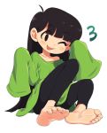  1girl ahoge barefoot black_eyes black_hair black_pants blush child codename:_kids_next_door collarbone eyebrows_visible_through_hair eyelashes feet green_shirt highres kuki_sanban leggings long_hair long_shirt long_sleeves no_legwear no_shoes no_socks number one_eye_closed open_mouth oversized_clothes oversized_shirt oyatsu_(mk2) pants shirt simple_background sitting smile soles teasing toe_scrunch toenails toes white_background 