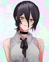  1girl 4chi arms_at_sides bare_shoulders black_choker black_hair black_ribbon blush breasts chainsaw_man choker collared_shirt green_eyes hair_between_eyes hair_bun head_tilt highres looking_at_viewer medium_breasts medium_hair reze_(chainsaw_man) ribbon shirt simple_background smile solo upper_body white_background white_shirt 