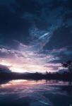  blurry chinese_commentary clouds dark depth_of_field forest highres hill lake nature night night_sky no_humans original outdoors reflection scenery signature sky skyrick9413 star_(sky) sunrise tree twilight water 