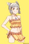  animal_ears bikini breasts cat_ears chest_jewel cowboy_shot graysheartart hand_on_hip highres navel niyah sarong short_hair silver_hair simple_background small_breasts smile swimsuit xenoblade_(series) xenoblade_2 yellow_background yellow_bikini 