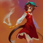  1girl animal_ears blue_headwear brown_hair cat_ears cat_tail chen dress fang hat holding inishie_kumo long_sleeves looking_at_viewer multiple_tails nekomata orange_background pipe red_dress shirt smile solo standing tail touhou two_tails white_shirt yellow_eyes 