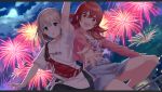  2girls :d aerial_fireworks arm_up bangs black_skirt blue_eyes blue_skirt blush brown_eyes brown_hair clouds cloudy_sky commentary_request eyebrows_visible_through_hair fanny_pack fireworks full_moon grey_hair hair_between_eyes idolmaster idolmaster_shiny_colors jacket komiya_kaho letterboxed long_hair long_sleeves looking_at_viewer moon multiple_girls night night_sky o_(rakkasei) open_clothes open_jacket open_mouth outdoors parted_lips pink_jacket serizawa_asahi shirt short_sleeves skirt sky sleeves_past_wrists smile striped striped_shirt white_shirt 