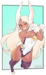  1girl ;d absurdres animal_ears bangs big_hair black_legwear boku_no_hero_academia breasts bunny_tail commentary covered_navel crescent_print dark_skin english_commentary from_above full_body fur_collar gloves grin highleg highleg_leotard highres leotard long_hair looking_at_viewer medium_breasts mirko norasuko one_eye_closed open_mouth outside_border paw_shoes rabbit_ears rabbit_girl red_eyes shoes smile solo superhero swept_bangs tail taut_leotard thick_thighs thigh-highs thighs toned white_gloves white_hair x_arms 