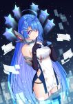  1girl absurdres ahoge argyle_cutout azur_lane bangs bare_shoulders black_background black_gloves blue_hair breasts buttons collarbone commentary cowboy_shot dress elbow_gloves eyebrows_visible_through_hair fingers_together garter_straps gloves gradient_hair groin hair_between_eyes halter_dress helena_(azur_lane) highres huge_filesize long_hair looking_at_viewer medium_breasts mouhantain multicolored_hair one_side_up retrofit_(azur_lane) revision sidelocks skindentation sleeveless sleeveless_dress smile solo standing starry_background thigh-highs very_long_hair violet_eyes white_dress 