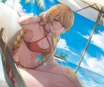  1girl athena_(granblue_fantasy) bikini blonde_hair blue_sky bracelet braid breasts collarbone commentary_request day granblue_fantasy ivris jewelry light_rays long_hair looking_at_viewer medium_breasts navel ocean outdoors parasol red_bikini signature sitting sky smile solo sunbeam sunlight swimsuit twin_braids umbrella violet_eyes 
