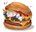  1girl arm_up bangs black_jacket braid cheese chibi commentary eating food food_on_face hair_between_eyes hair_ornament hamburger holding holding_food in_food jacket ketchup kizuna_akari long_hair long_sleeves milkpanda minigirl orange_legwear pantyhose puffy_long_sleeves puffy_sleeves shadow silver_hair solo striped striped_legwear translated twin_braids twintails vertical-striped_legwear vertical_stripes voiceroid white_background |_| 