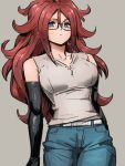  1girl alternate_costume android_21 blue_eyes breasts closed_mouth denim detached_sleeves dragon_ball dragon_ball_fighterz earrings glasses grey_background hair_between_eyes hoop_earrings jeans jewelry kemachiku long_hair looking_at_viewer medium_breasts pants redhead simple_background solo 