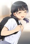 1girl ^_^ ^o^ backpack bag black_hair blue_skirt blurry blurry_background blush closed_eyes collared_shirt commentary flat_chest looking_at_viewer mattaku_mousuke medium_hair open_mouth original pleated_skirt shirt short_sleeves skirt smile solo twintails upper_body white_shirt 