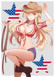  1girl america american_flag american_flag_print blonde_hair blue_eyes blue_shorts boots breasts brown_footwear collarbone cowboy_boots cowboy_hat denim denim_shorts eyebrows_visible_through_hair flag_print front-tie_top hair_between_eyes hat iowa_(kantai_collection) jewelry kantai_collection kasumi_(skchkko) large_breasts long_hair navel necklace rope shorts smile solo star-shaped_pupils star_(symbol) symbol-shaped_pupils 