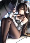  1girl absurdres azur_lane black_hair black_legwear bow breasts brown_eyes car cleavage_cutout dvdraw fingerless_gloves gloves ground_vehicle hair_flaps highres large_breasts logo long_hair looking_at_viewer motor_vehicle multicolored_leotard pantyhose ponytail racequeen sitting solo takao_(azur_lane) takao_(full_throttle_charmer)_(azur_lane) two-tone_leotard umbrella white_bow white_gloves 