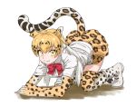  1girl all_fours animal_ears animal_print bangs black_hair blonde_hair boots bow bowtie cat_girl closed_mouth crossed_arms elbow_gloves extra_ears eyebrows_visible_through_hair full_body gloves highres kemono_friends kneehighs leopard_(kemono_friends) leopard_ears leopard_print leopard_tail long_hair looking_at_viewer microskirt multicolored_hair print_gloves print_legwear print_skirt shirt short_sleeves simple_background skirt smile solo tail tail_through_clothes tanabe_(fueisei) thigh-highs twintails white_background white_hair yellow_eyes zettai_ryouiki 