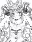  1girl :p animal_ears bad_id bad_twitter_id blush braid breasts bunny-shaped_pupils closed_mouth detached_sleeves don-chan_(hololive) double_v dress eyebrows_visible_through_hair fur-trimmed_gloves fur_trim gloves greyscale hands_up highres hololive long_hair looking_at_viewer monochrome nanashi_(nlo74593630) puffy_detached_sleeves puffy_short_sleeves puffy_sleeves rabbit_ears short_eyebrows short_sleeves small_breasts smile solo star_(symbol) strapless strapless_dress thick_eyebrows tongue tongue_out twin_braids twintails upper_body usada_pekora v 
