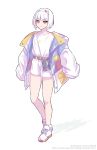  1girl bag gundam handbag headband looking_at_viewer mobile_suit_gundam personification puffer_jacket rx-78-2 shingo_(picturepuzzle) shirt shirt_tucked_in short_shorts shorts smile solo white_hair white_headband white_shirt yellow_eyes 