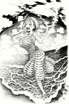  1girl armpits bangs beach blush breasts clenched_hands closed_eyes clouds cloudy_sky dress fisheye greyscale hands_up highres imomonono large_breasts monochrome open_mouth original short_hair sky smile solo striped striped_dress waves wet 