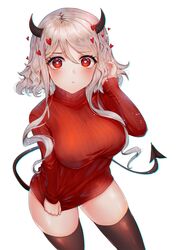  1girl black_horns blush breasts clothes_pull commentary demon_girl demon_horns demon_tail eyebrows_visible_through_hair frown hair_between_eyes heart heart-shaped_pupils helltaker highres horns large_breasts long_hair long_sleeves looking_at_viewer modeus_(helltaker) nicccolee red_eyes red_sweater ribbed_sweater sidelocks simple_background solo sweater sweater_pull symbol-shaped_pupils tail thigh-highs turtleneck white_background white_hair 