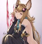  1girl animal_ears artist_name bare_back bare_shoulders black_legwear blonde_hair breasts commentary_request detached_sleeves erune granblue_fantasy hair_ornament ivris looking_at_viewer medium_breasts metera_(granblue_fantasy) mole mole_under_mouth solo thigh-highs violet_eyes 
