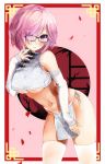  1girl bangs bare_shoulders blush breasts chinese_clothes crop_top detached_sleeves fate/grand_order fate_(series) glasses hair_over_one_eye hi_ros3 highres lavender_hair looking_at_viewer mash_kyrielight navel pelvic_curtain short_hair thigh-highs thighs under_boob violet_eyes white_legwear 