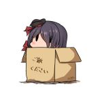  1girl ariake_(kantai_collection) beret black_hair black_headwear box cardboard_box dated hair_over_one_eye hat hatsuzuki_527 in_box in_container kantai_collection long_hair simple_background solid_oval_eyes solo translation_request twitter_username white_background 