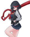  1girl absurdres black_hair black_jacket blue_eyes blush closed_mouth eyebrows_visible_through_hair eyes_visible_through_hair hand_in_pocket highres holding holding_sword holding_weapon jacket kill_la_kill matoi_ryuuko multicolored multicolored_hair over_shoulder rabbit_(wlsdnjs950) red_neckwear redhead short_hair simple_background skirt solo sweat sword sword_over_shoulder weapon weapon_over_shoulder white_background zipper zipper_pull_tab 