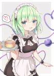  1girl absurdres alternate_costume apron aqua_eyes arm_up black_neckwear black_ribbon breasts commentary_request cowboy_shot cup enmaided eyebrows_visible_through_hair glass_teapot green_hair grey_background hair_between_eyes heart heart_of_string highres holding holding_tray iyo_(ya_na_kanji) komeiji_koishi light_blush looking_at_viewer maid maid_apron maid_headdress medium_breasts open_mouth ribbon short_hair simple_background solo spoken_heart standing teacup teapot third_eye touhou tray wrist_cuffs 