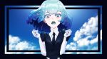  1other bangs black_neckwear blue_sky clouds cloudy_sky collared_shirt colored_eyelashes crystal_hair day diamond_(houseki_no_kuni) gem_uniform_(houseki_no_kuni) highres houseki_no_kuni mint_(catofminto) open_mouth outdoors shirt sky solo 