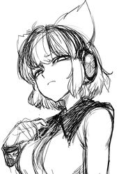  1girl bags_under_eyes black_collar bracelet breasts cape collar commentary_request disgust earmuffs eyebrows_visible_through_hair headphones jewelry looking_at_viewer medium_breasts monochrome muscle pointy_hair shirt simple_background sketch slit_pupils solo solo_focus space_jin touhou toyosatomimi_no_miko white_background 