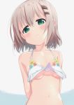  1girl arms_behind_back bikini blush breasts closed_mouth commentary_request green_eyes grey_hair hair_between_eyes hair_ornament hairclip halterneck kohshibasaki looking_at_viewer navel short_hair small_breasts solo stomach swimsuit under_boob upper_body wavy_mouth white_bikini yama_no_susume yukimura_aoi 
