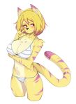  1girl animal_ears bikini blonde_hair breasts closed_mouth collarbone fur furry hand_up highres large_breasts looking_to_the_side navel original red_eyes short_hair simple_background slugbox solo striped striped_bikini swimsuit tail tiger_ears tiger_tail white_background white_bikini 
