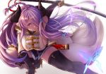  asymmetrical_gloves black_gloves braid breasts demon_horns draph gloves granblue_fantasy hair_ornament hair_over_one_eye horns katana large_breasts lavender_hair low_tied_hair narmaya_(granblue_fantasy) pointy_ears single_braid single_thighhigh superhero_landing sword thigh-highs thigh_strap weapon yude 