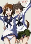  2girls :d animal_ears arm_around_waist arm_up artist_name bangs black_neckwear blouse blue_sailor_collar brown_eyes brown_hair closed_eyes commentary cosplay costume_switch dog_ears dog_tail eyebrows_visible_through_hair girls_und_panzer green_skirt grey_background long_sleeves looking_at_viewer miniskirt miyafuji_yoshika multiple_girls navy_blue_neckwear neckerchief nishizumi_miho no_pants ooarai_school_uniform open_mouth panties pleated_skirt sailor sailor_collar salute school_uniform serafuku shino_(ten-m) short_hair side-by-side signature simple_background skirt smile standing strike_witches swimsuit swimsuit_under_clothes tail underwear white_blouse white_panties white_sailor_collar world_witches_series 