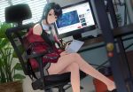  1girl bare_shoulders barefoot black_hair blurry blurry_foreground box chair closed_mouth crossed_legs green_eyes headphones headphones_around_neck highres holding holding_tail indoors jacket keyboard_(computer) lamp long_hair monitor mouse_(computer) office_chair original pen pencil picture_frame plant potted_plant red_jacket scissors sitting smile solo tablet_pc tail window zipper zipper_pull_tab zonotaida 