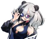  1girl adjusting_eyewear animal_ears arknights breasts china_dress chinese_clothes cleavage_cutout dress evolvingmonkey feater_(arknights) grey_hair highres large_breasts multicolored_hair streaked_hair sunglasses twintails white_background 