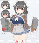  1girl :o apron bandana bangs black_hair blue_skirt blush breasts character_name expressions eyebrows_visible_through_hair grey_apron hair_flaps hair_ornament highres hip_vent jingei_(kantai_collection) kantai_collection koeda_(koeda1kg) large_breasts long_sleeves nose_blush open_mouth red_eyes rigging sailor_collar signature simple_background skirt solo waist_apron 