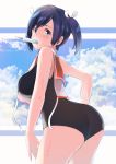  1girl alternate_costume ass black_swimsuit blue_hair blue_sky breasts brown_eyes clouds commentary cosplay cowboy_shot food highres i-401_(kantai_collection) i-401_(kantai_collection)_(cosplay) kantai_collection large_breasts leaning_forward long_hair looking_at_viewer mouth_hold orange_sailor_collar popsicle sailor_collar school_swimsuit shirt side-tie_shirt sky sleeveless sleeveless_shirt solo souryuu_(kantai_collection) swimsuit swimsuit_under_clothes taisho_(gumiyuki) twintails untied 