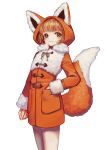  1girl arm_at_side blush brown_hair coat fox_hood fox_tail green_eyes hand_in_pocket highres lingxia looking_at_viewer orange_coat original short_hair solo standing tail 